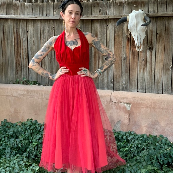 Vintage 1950s Bombshell Red Velvet Party Dress S/M - Picture 11 of 16